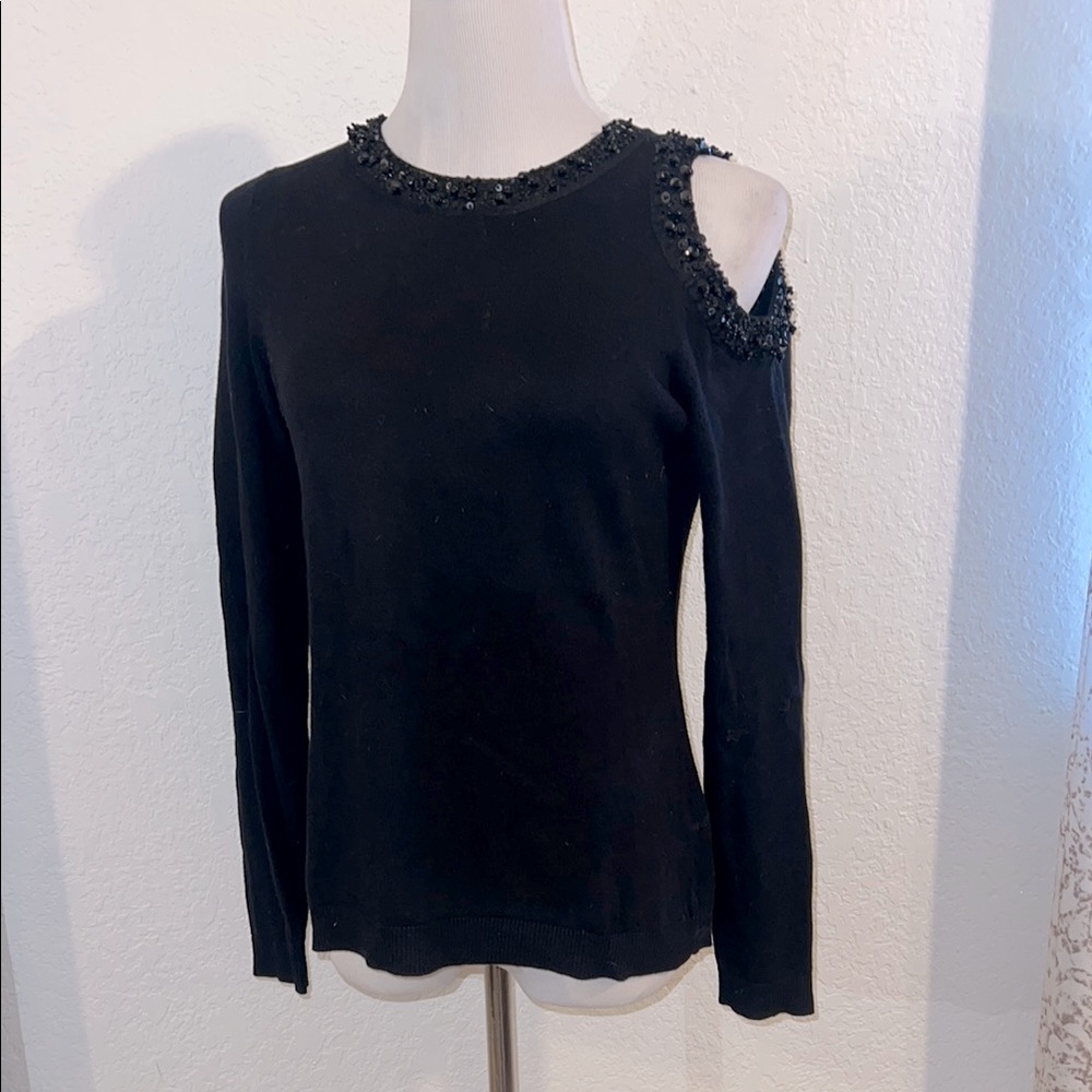 Like new beaded  Black Cold Shoulder sweater